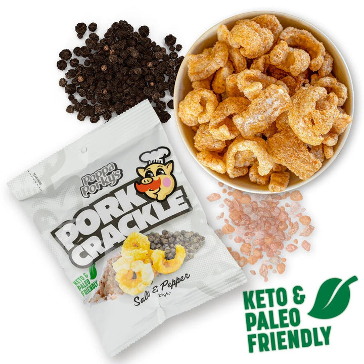 Pork Crackle - Salt & Pepper - 25g by Poppa Porky’s with peppercorns and pink salt, part of Savoury Snacks collection