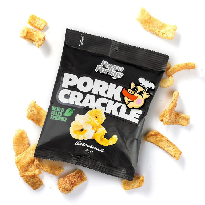Poppa Porky’s Pork Crackle - Unseasoned - 25g pack surrounded by crispy pork crackle pieces from Savoury Snacks collection
