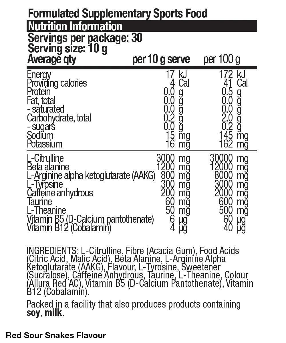 Nutrition label for PRE - Red Sour Snakes - 300g by BSc Supplements, Dirty Keto, Low Carb, Pre-workouts collections.