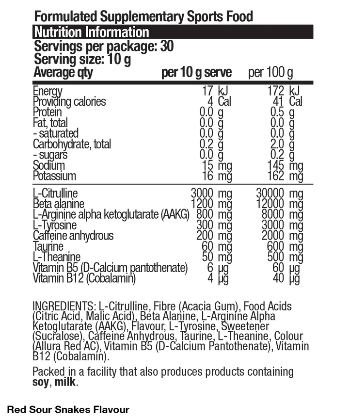Nutrition label for PRE - Red Sour Snakes - 300g by BSc Supplements, Dirty Keto, Low Carb, Pre-workouts collections.