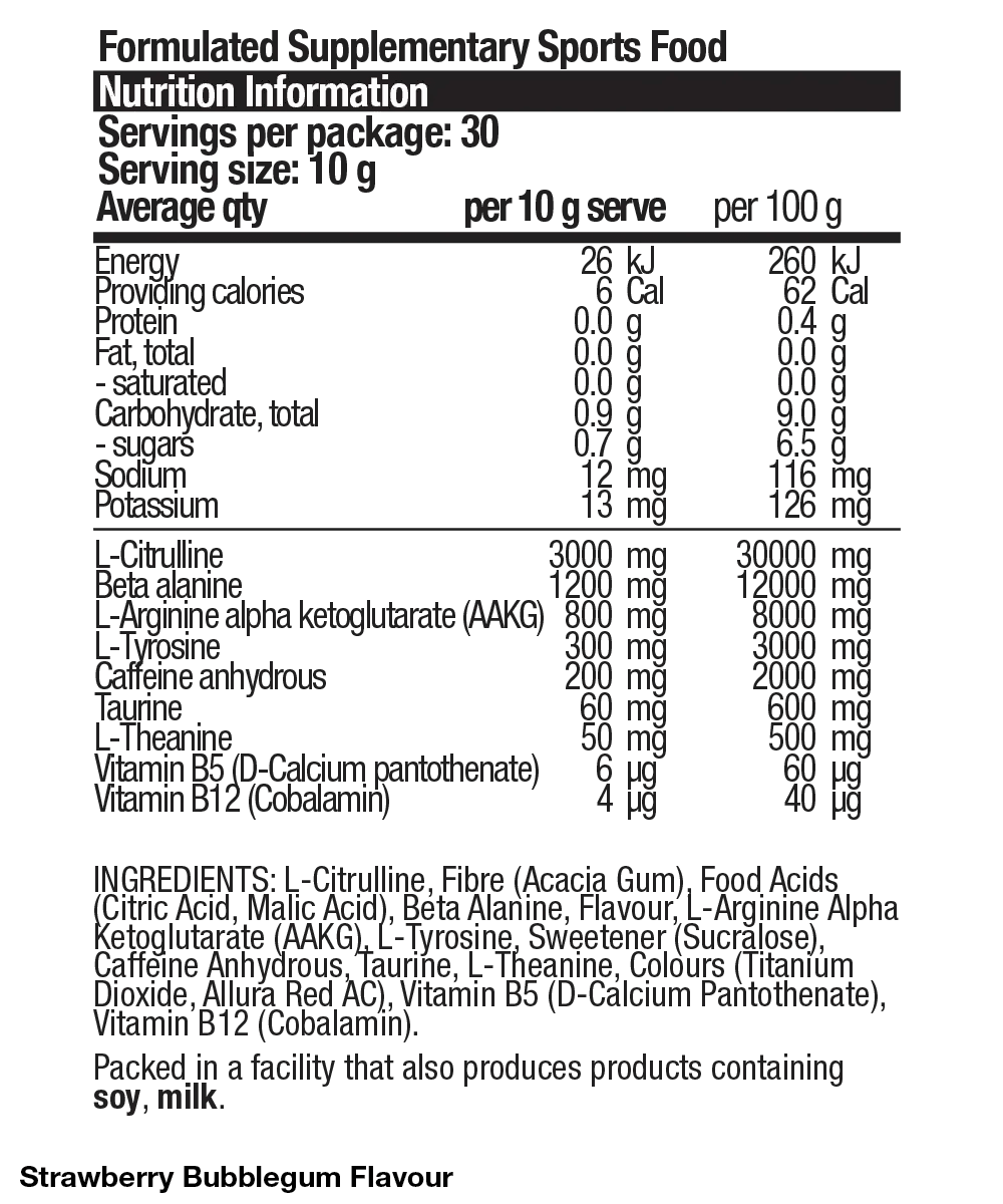 Nutrition facts for PRE Strawberry Bubblegum - 300g by BSc Supplements from Pre-workouts collection, showing ingredients and servings.