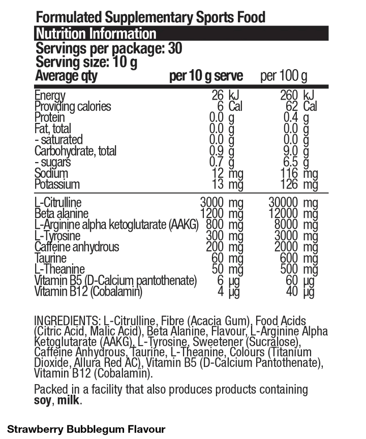 Nutrition facts for PRE Strawberry Bubblegum - 300g by BSc Supplements from Pre-workouts collection, showing ingredients and servings.