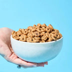 Hand holding a white bowl filled with Protein Cereal - Cinnamon Flavour - 250g by Low Carb Emporium against a blue background