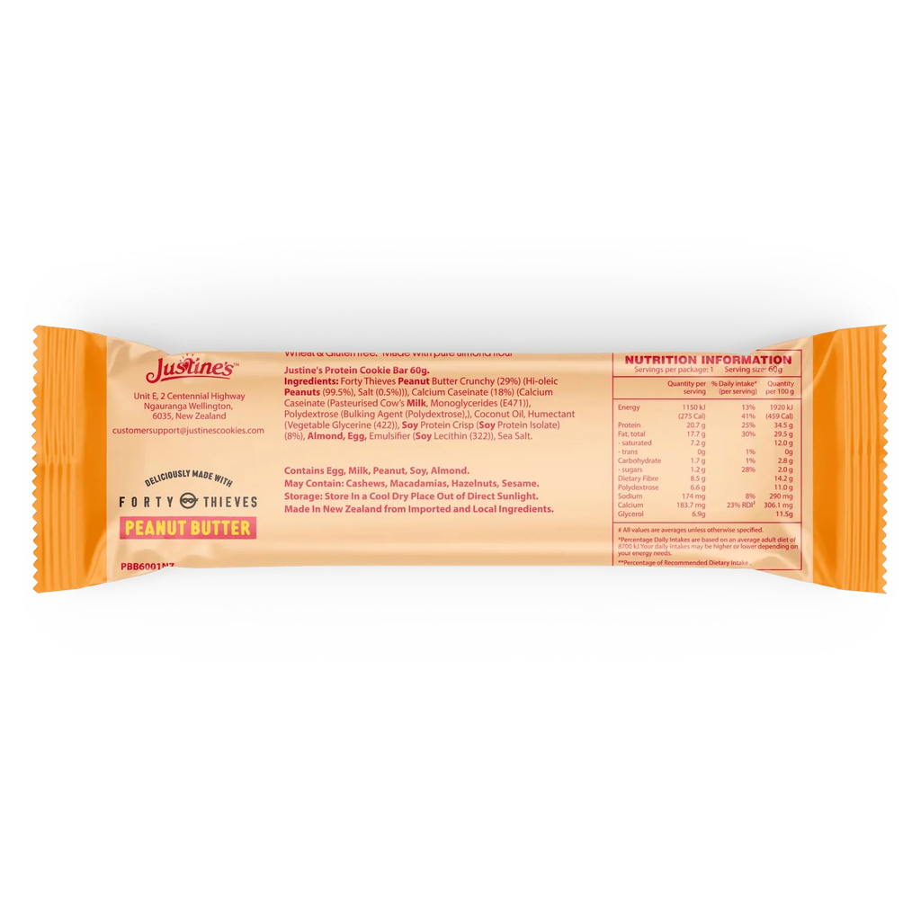 Back view of Protein Cookie Bar - Forty Thieves Peanut Butter - 60g by Justine’s showing ingredients and nutrition facts.