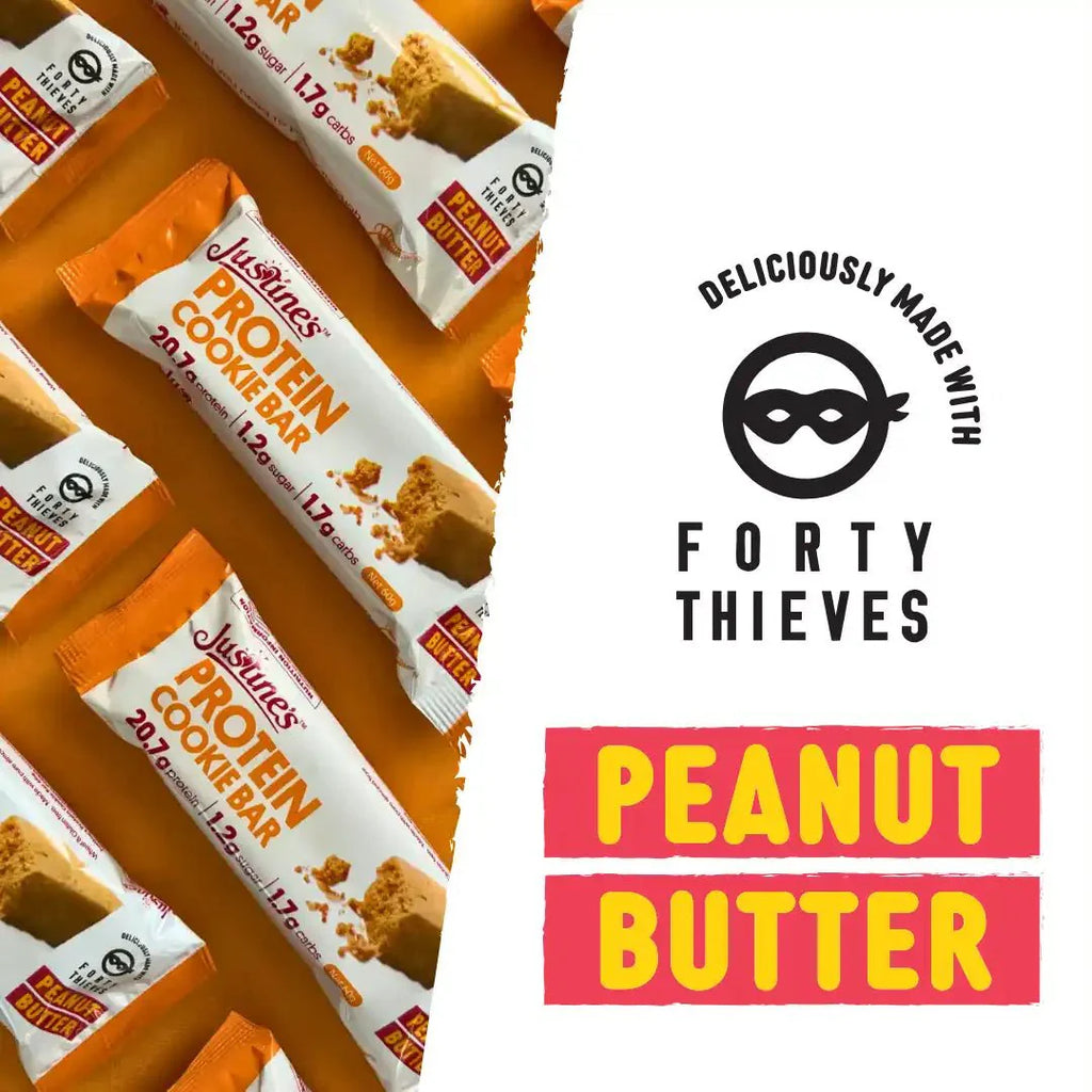 Protein Cookie Bar - Forty Thieves Peanut Butter - 60g by Justine's in packaging, part of Snacks and Low Carb collections.