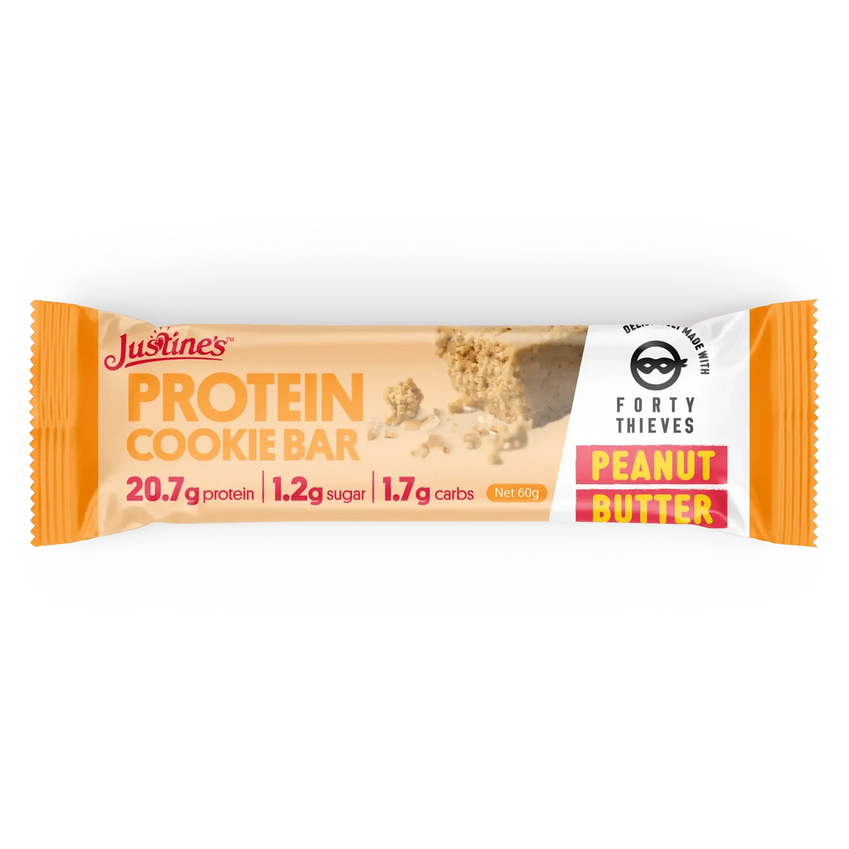 Protein Cookie Bar - Forty Thieves Peanut Butter - 60g by Justine's in orange packaging from Snacks and Low Carb collections.