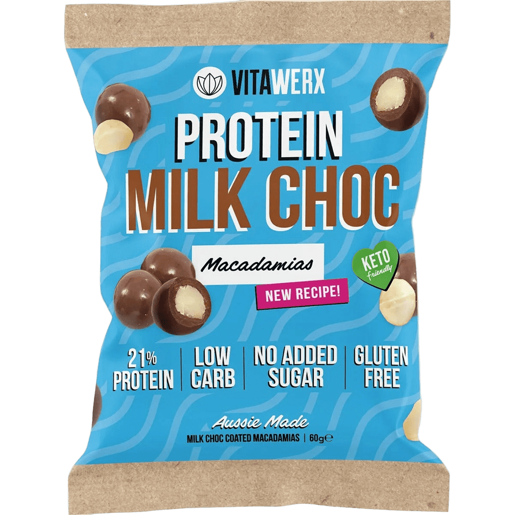 Protein Milk Choc Coated Macadamias- 60g by Vitawerx, low carb, gluten free sweet snack with 21% protein.