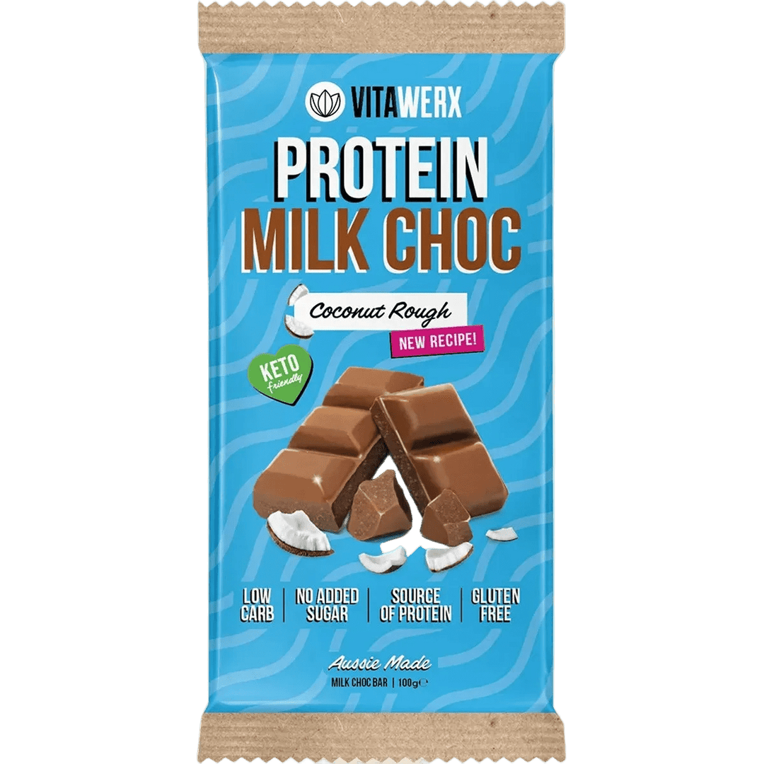 Protein Milk Choc Coconut Rough Bar - 100g - NEW recipe by Vitawerx, low carb, gluten free, no added sugar, keto-friendly snack.
