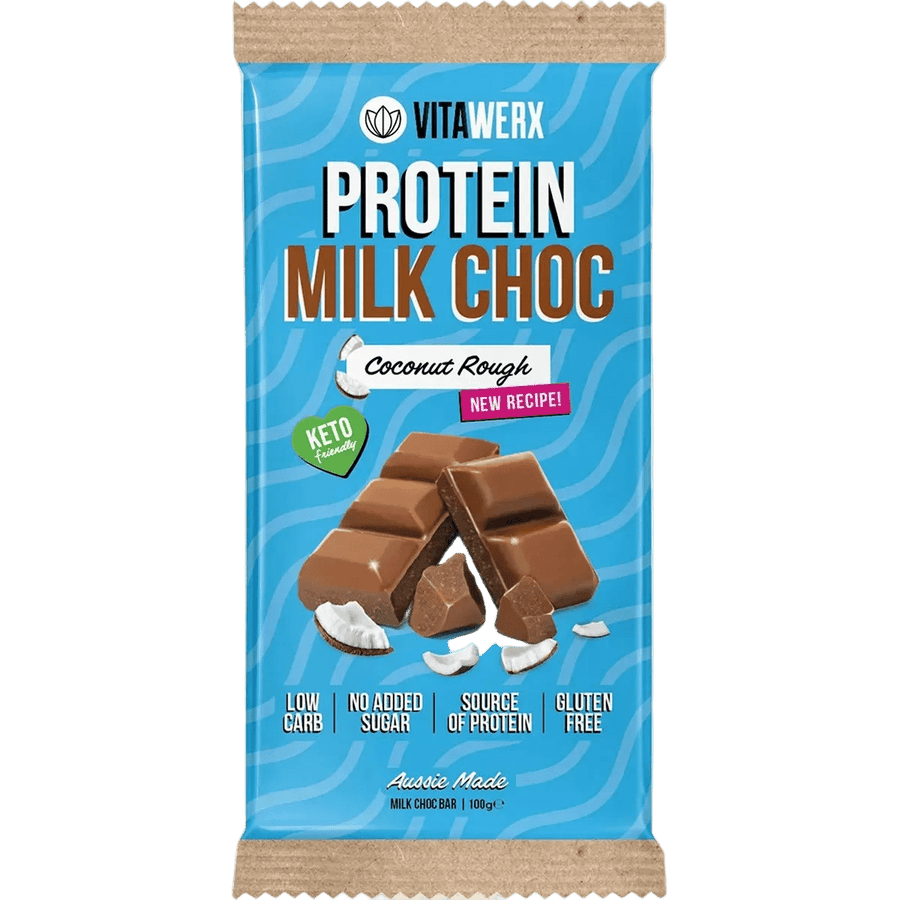 Protein Milk Choc Coconut Rough Bar - 100g - NEW recipe by Vitawerx, low carb, gluten free, no added sugar, keto-friendly snack.