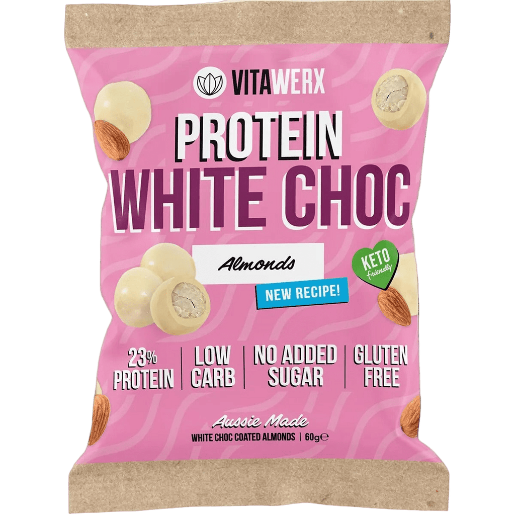 Protein White Choc Coated Almonds - 60g by Vitawerx, gluten-free, low carb, no added sugar, high protein snack.