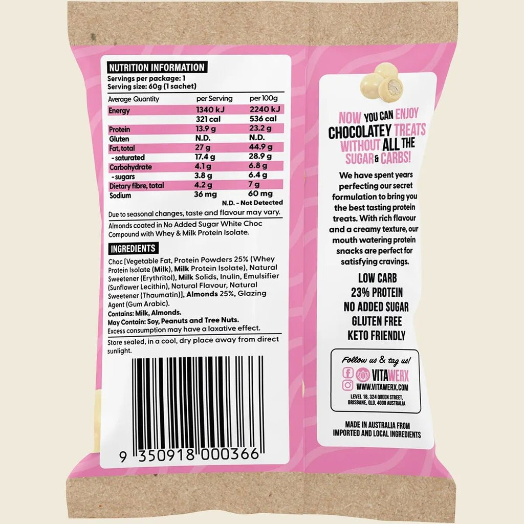 Back packaging of Vitawerx White Choc Coated Nut Pack showing nutrition, ingredients, and keto-friendly product details.