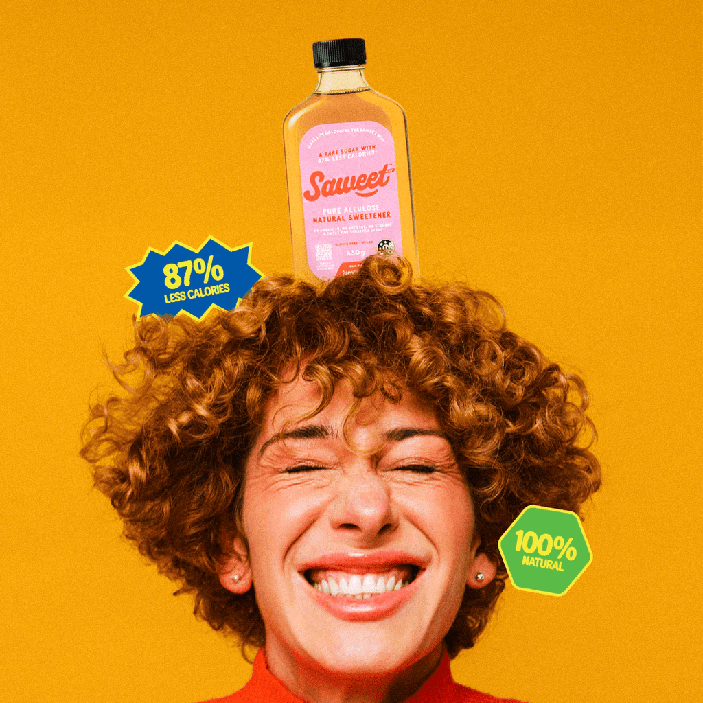 Pure Allulose Natural Sweetener Syrup - 430g by Saweet Way with 87% fewer calories and 100% natural, vibrant promotional image.