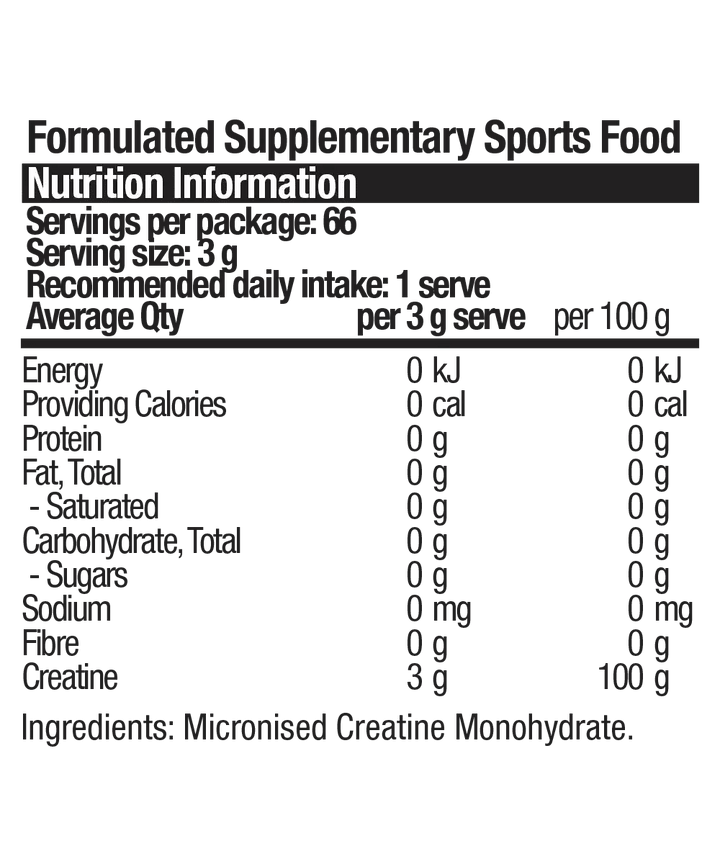Nutrition information label for Pure Creatine - 200g by BSc Supplements, listing zero calories and creatine content.