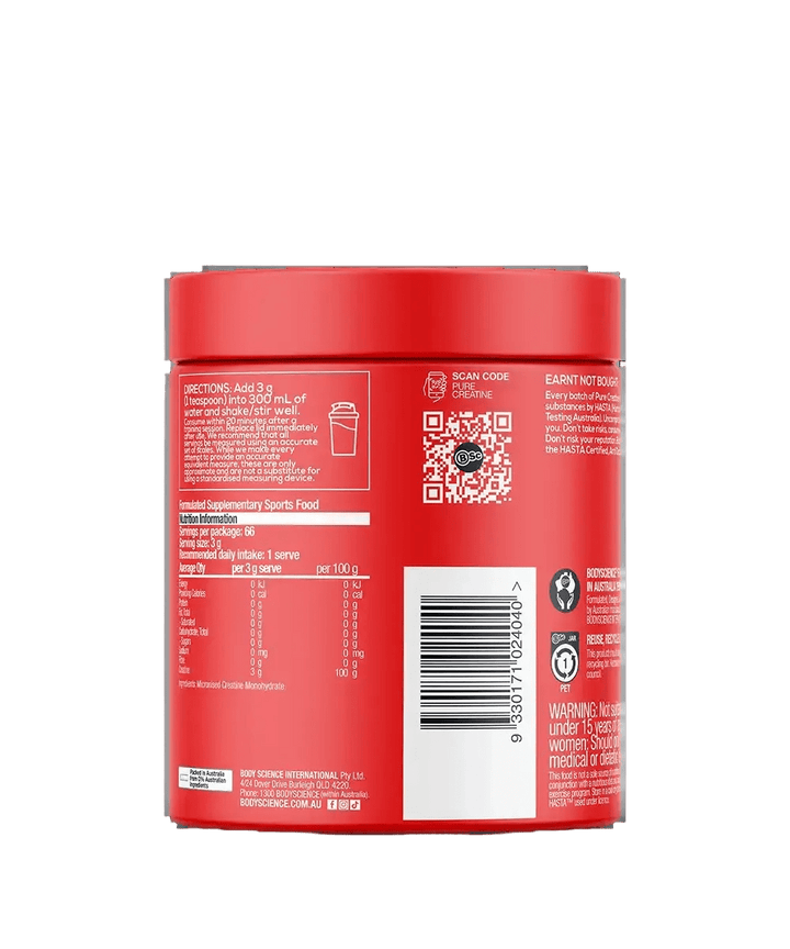 Red container of Pure Creatine - 200g by BSc Supplements showing nutritional and usage information labels.