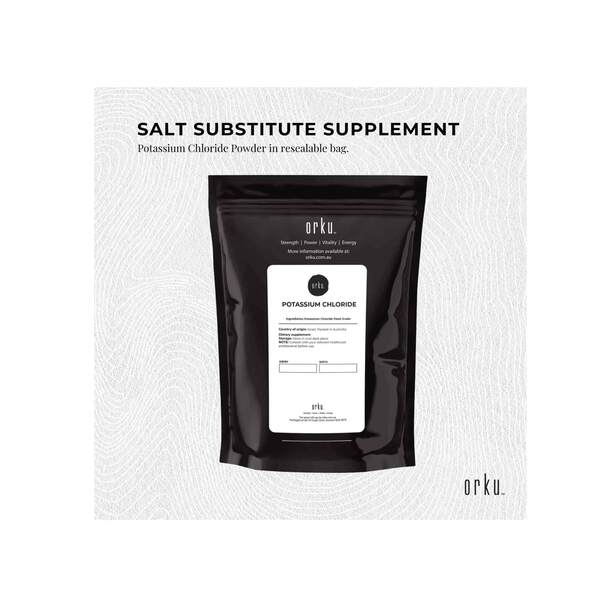 Pure Potassium Chloride Powder - 400g in black resealable bag by Orku, a salt substitute supplement from Electrolytes collection