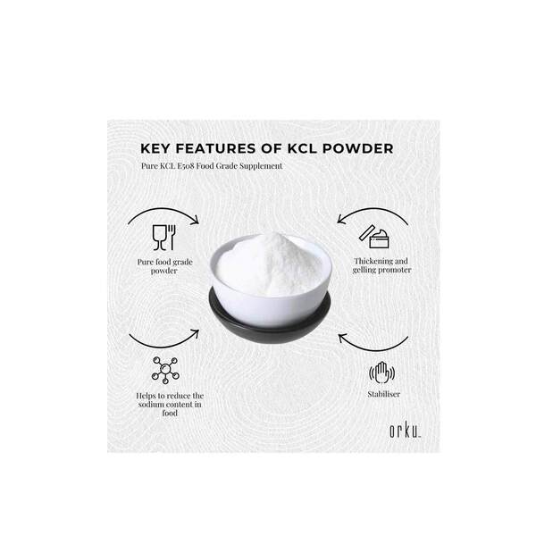 Pure Potassium Chloride Powder - 400g shown with key features including food grade, stabilizer, and sodium reduction by Orku
