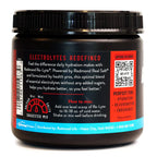 Back of Re-Lyte Electrolyte Mix - Cran Apple - Tub - 60 Serves - Limited Edition with hydration and usage info on black container