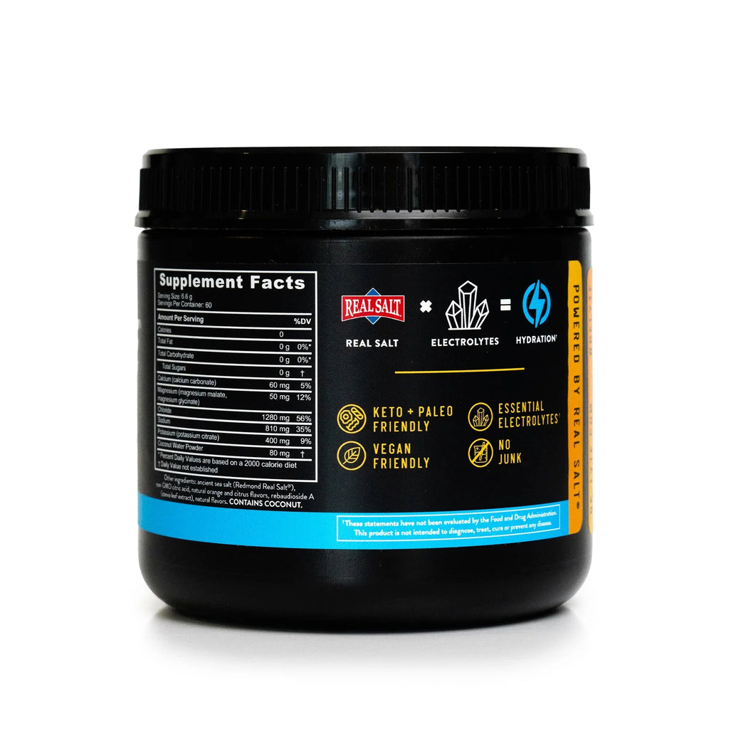 Re-Lyte Electrolyte Mix - Orange - Tub - 60 Serves - Limited Edition showing supplement facts and product benefits on black container