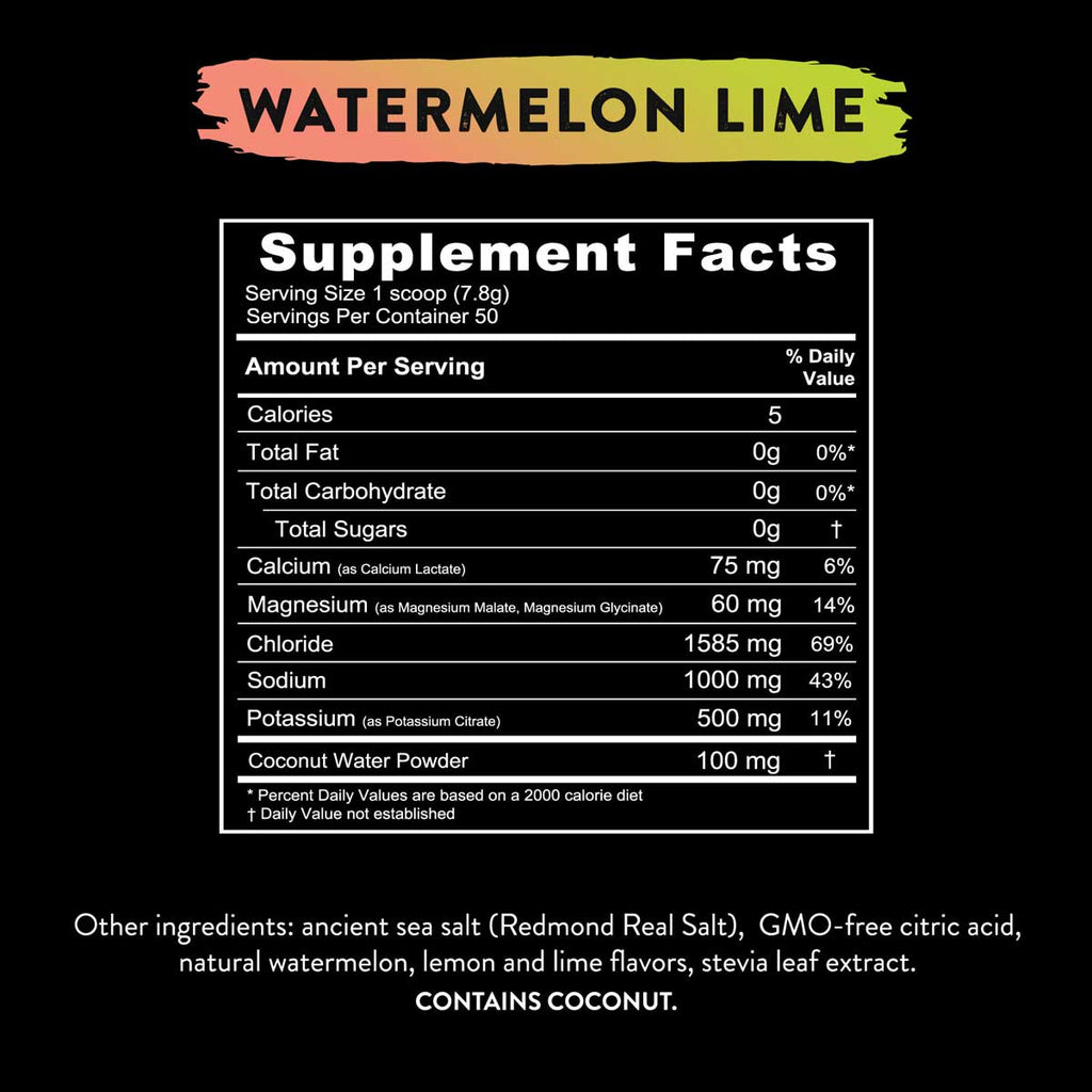 Supplement facts panel for Re-Lyte® Hydration Variety Pack (7 ct.) Watermelon Lime flavor with minerals and coconut water powder.