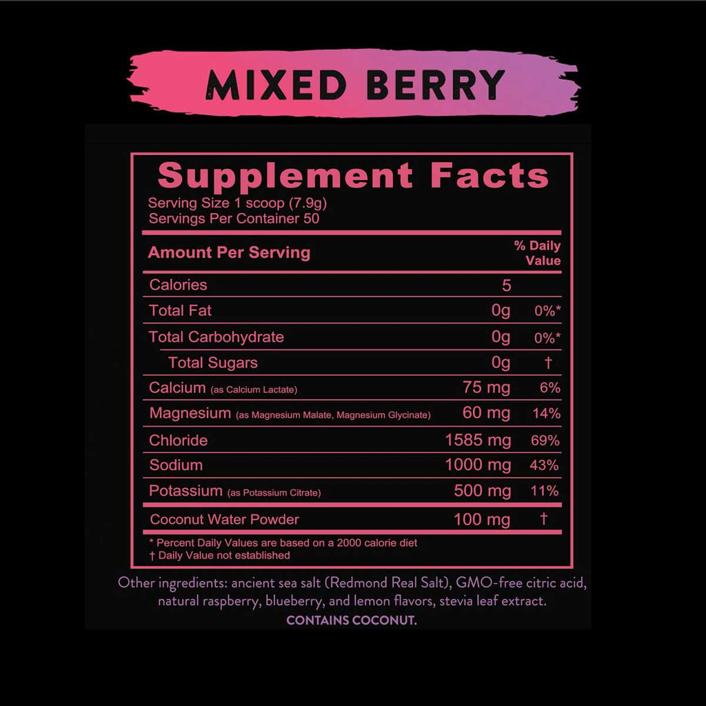 Supplement facts for Re-Lyte® Hydration Variety Pack (7 ct.) Mixed Berry flavor showing electrolytes and zero carbs.