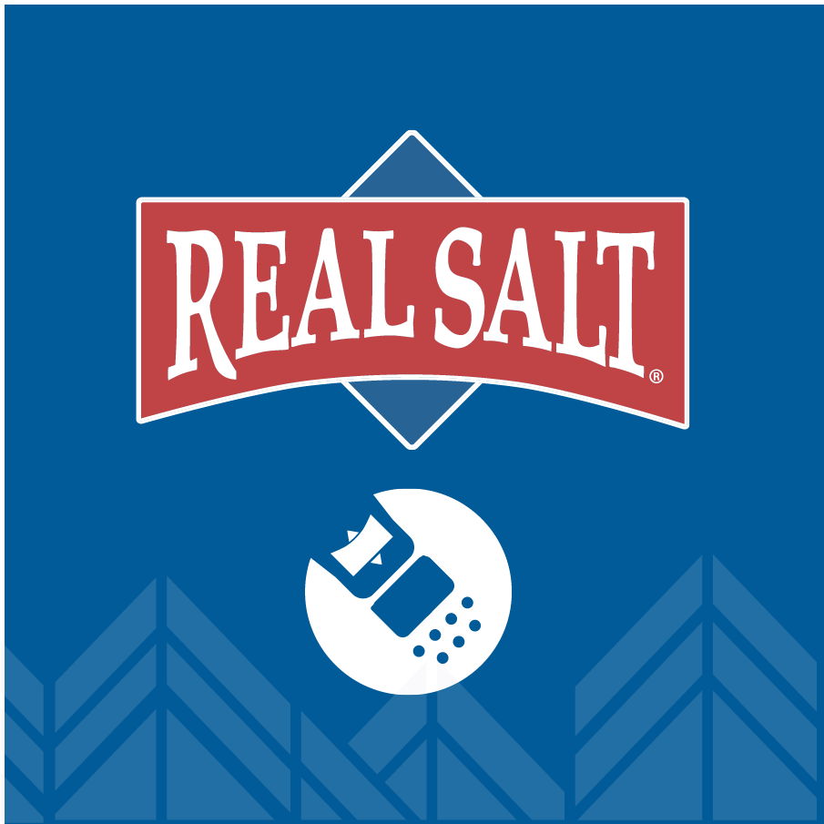 Real Salt logo on blue background with white salt shaker icon, associated with Re-Lyte Energy Boost Caps - 120 Capsules.