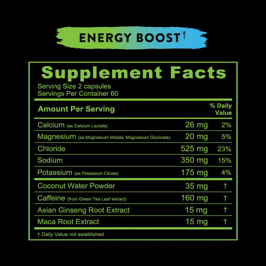 Re-Lyte Energy Boost Caps - 120 Capsules supplement facts label showing minerals and herbal extracts content on black background