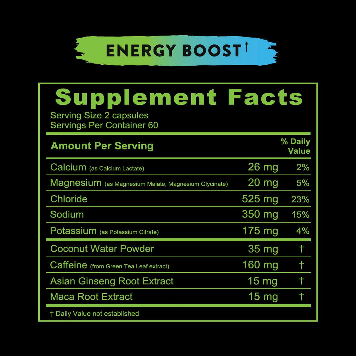 Re-Lyte Energy Boost Caps - 120 Capsules supplement facts label showing minerals and herbal extracts content on black background
