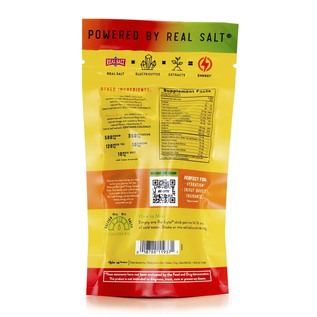Back of Re-Lyte Energy - Sample Pack - 6 sticks - Best Before 28 Feb 2026 pack showing supplement facts and ingredient details.