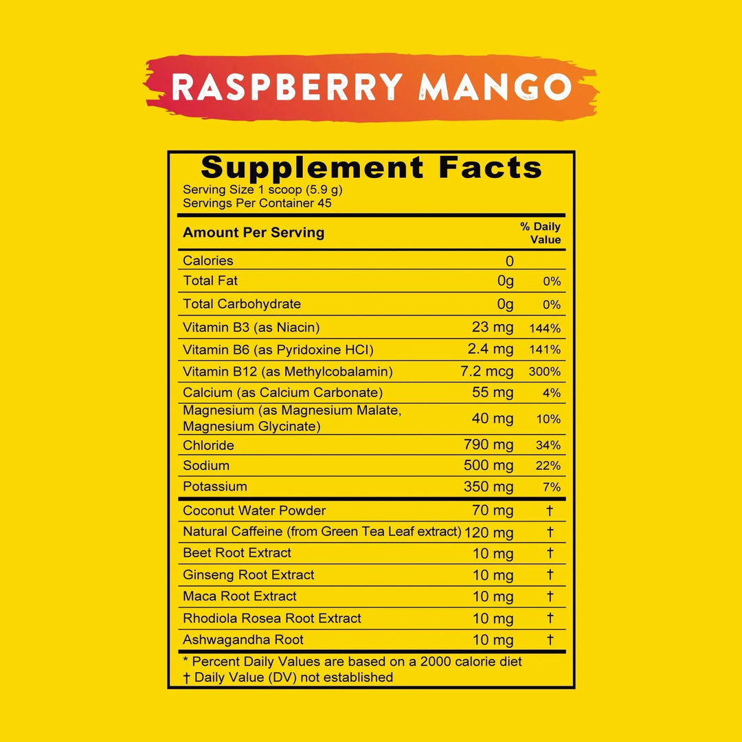 Nutrition label for Re-Lyte Energy - Sample Pack - 6 sticks - Best Before 28 Feb 2026 Raspberry Mango flavor with vitamins and minerals.