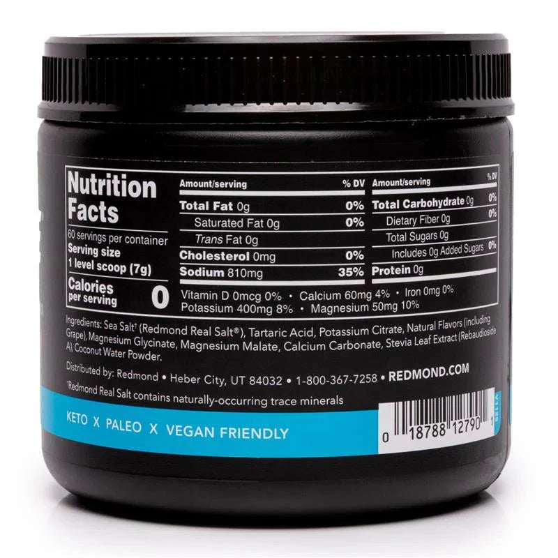 Back label of Re-Lyte Hydration - Grape - Tub - 60 Serves showing nutrition facts and ingredients with keto, paleo, and vegan-friendly icons.