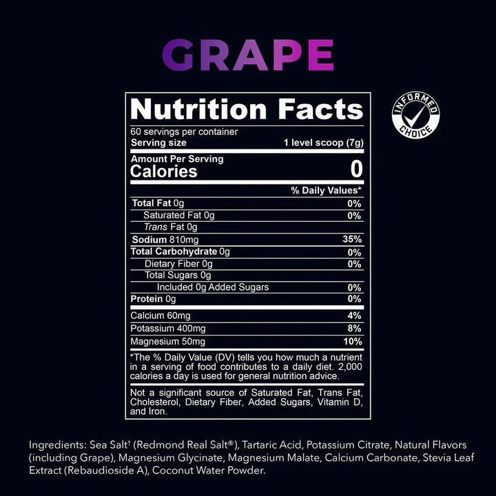Nutrition facts label for a product with 'Grape' flavor on a black background.