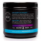 Back label of Re-Lyte Hydration - Grape - Tub - 60 Serves showing instructions, ingredients, and Redmond Real Salt branding.