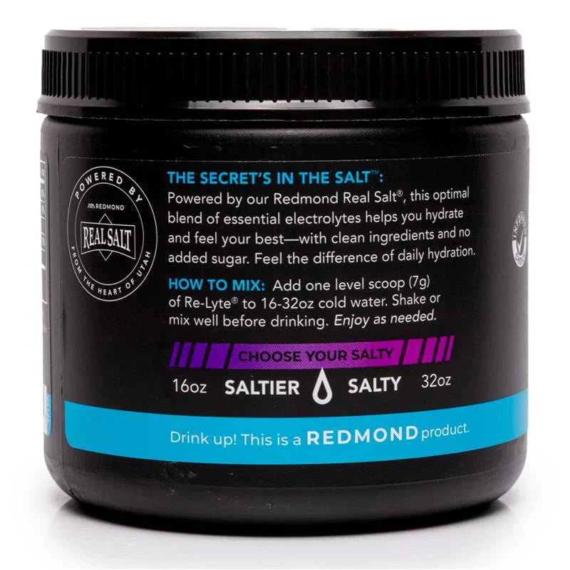 Back label of Re-Lyte Hydration - Grape - Tub - 60 Serves showing instructions, ingredients, and Redmond Real Salt branding.