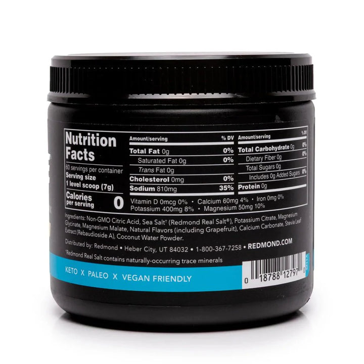 Back label of Re-Lyte Hydration - Grapefruit - Tub - 60 Serves showing nutrition facts, ingredients, and keto, paleo, and vegan-friendly certifications by Re-Lyte.
