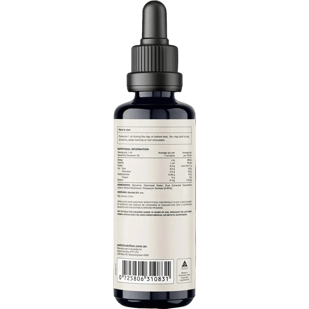 Back view of Reishi Double Strength 2:1 Mushroom Liquid Extract - 60ml by Switch Nutrition, showing nutritional facts, ingredients, usage instructions, and certification labels for keto and low carb support.