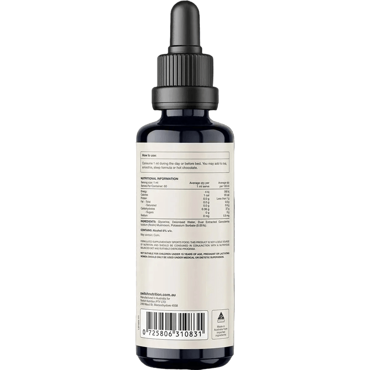 Back view of Reishi Double Strength 2:1 Mushroom Liquid Extract - 60ml by Switch Nutrition, showing nutritional facts, ingredients, usage instructions, and certification labels for keto and low carb support.