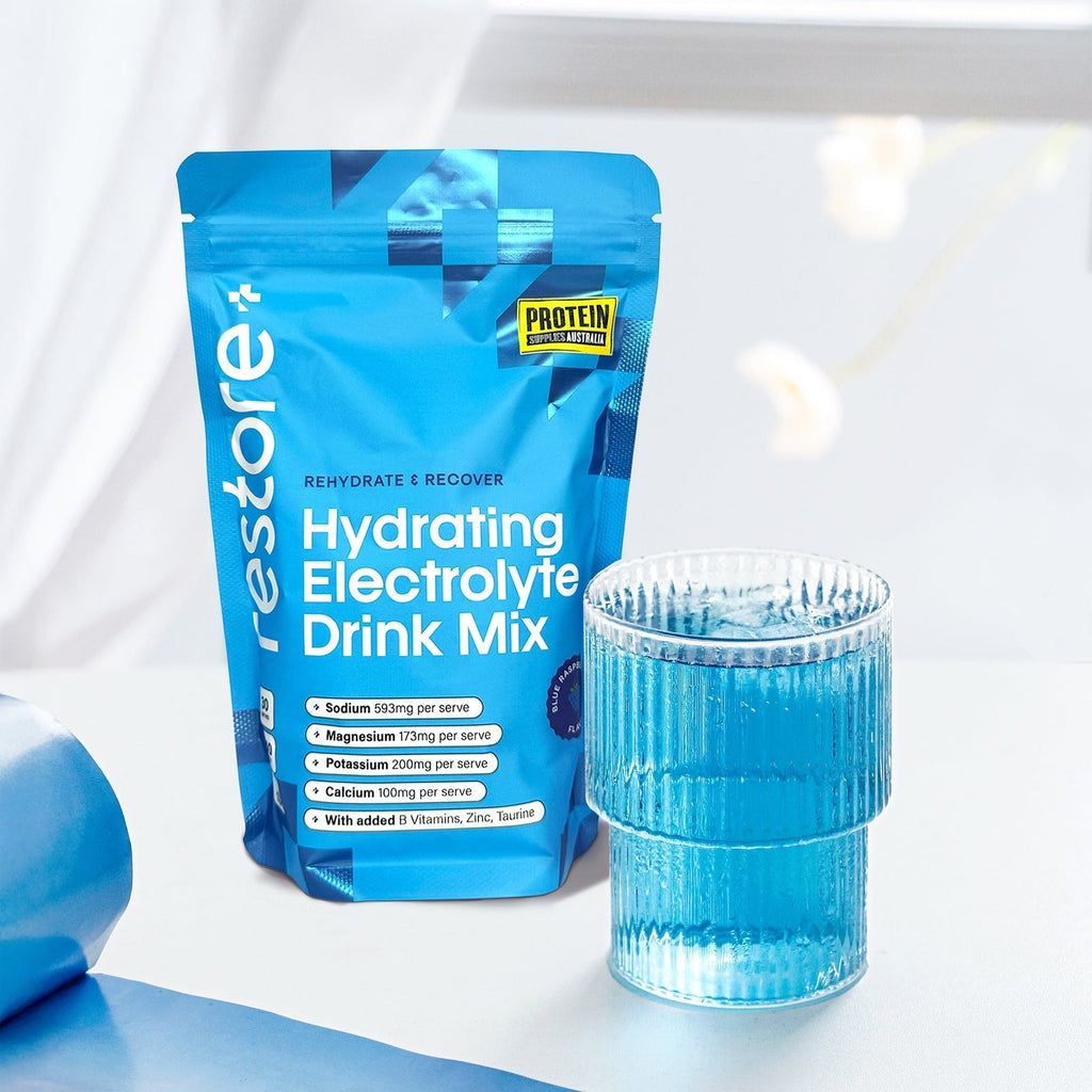 Restore Electrolyte Drink Mix Blue Raspberry 240g by Protein Supplies Australia with functional electrolytes and vitamins.