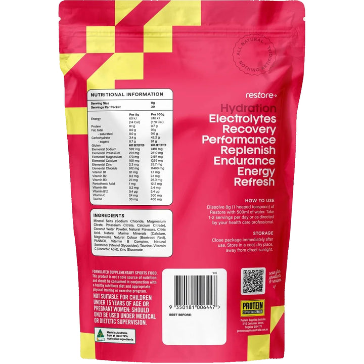 Restore Electrolyte Drink Mix Raspberry Lemonade 240g