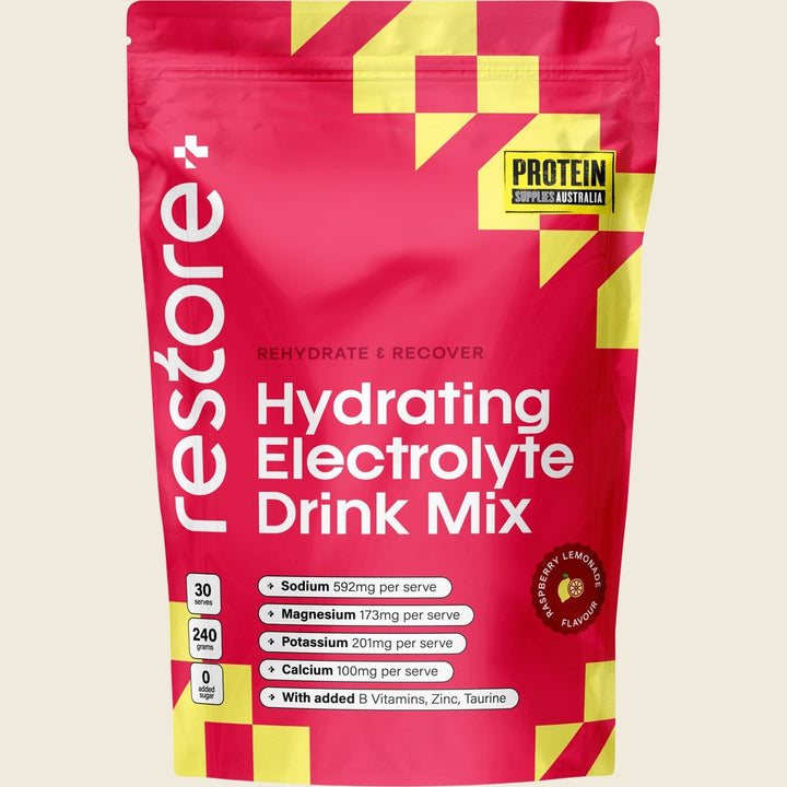 Restore Electrolyte Drink Mix Raspberry Lemonade 240g by Protein Supplies Australia in Drinks and Electrolytes collections.