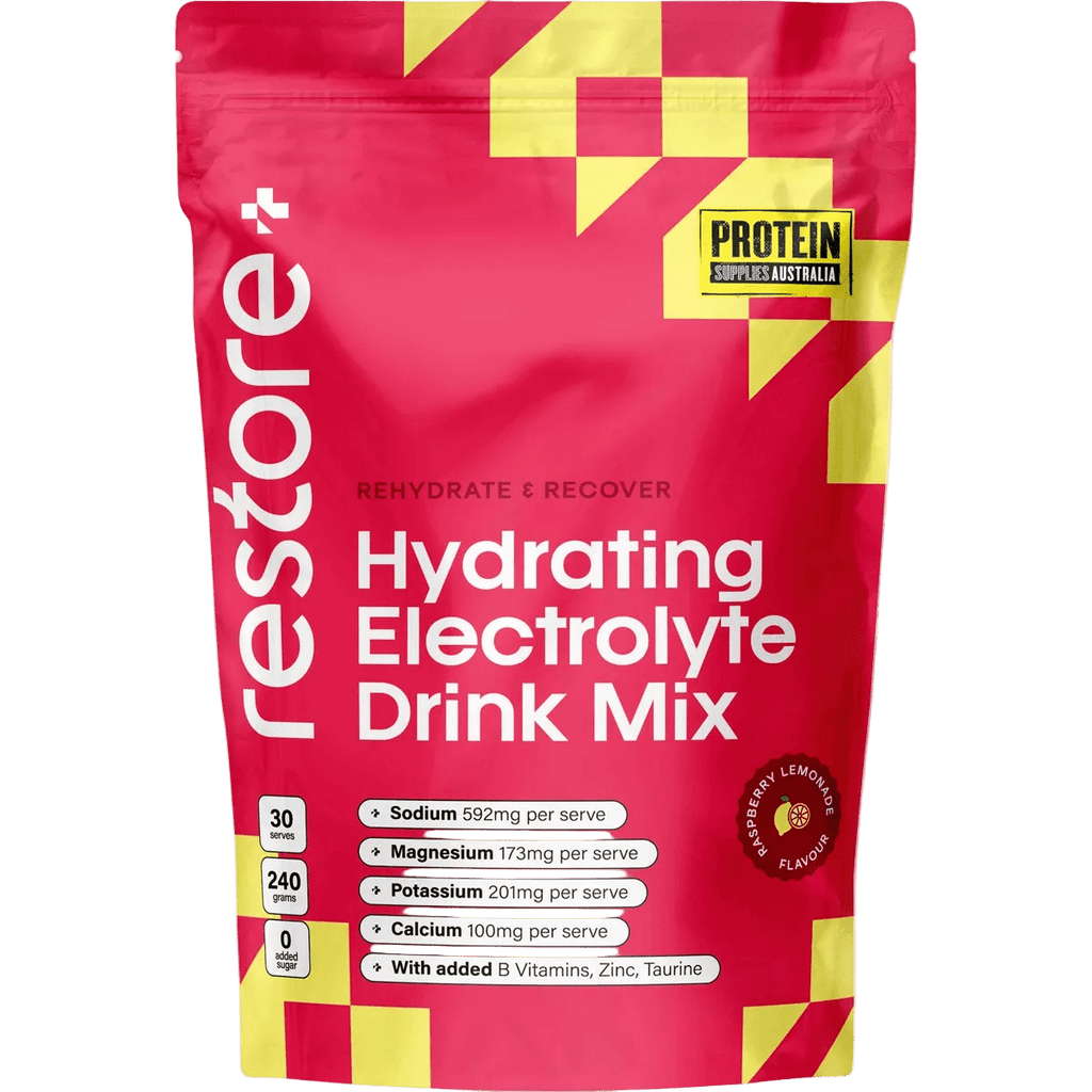 Restore Electrolyte Drink Mix Raspberry Lemonade 240g by Protein Supplies Australia, in Drinks and Electrolytes collections.