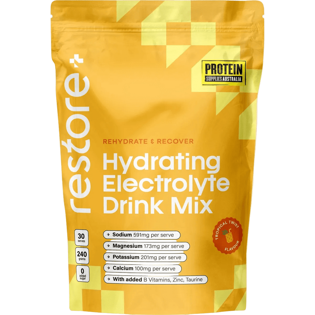 Restore Electrolyte Drink Mix Tropical Twist 240g hydration mix by Protein Supplies Australia for drinks and electrolytes.