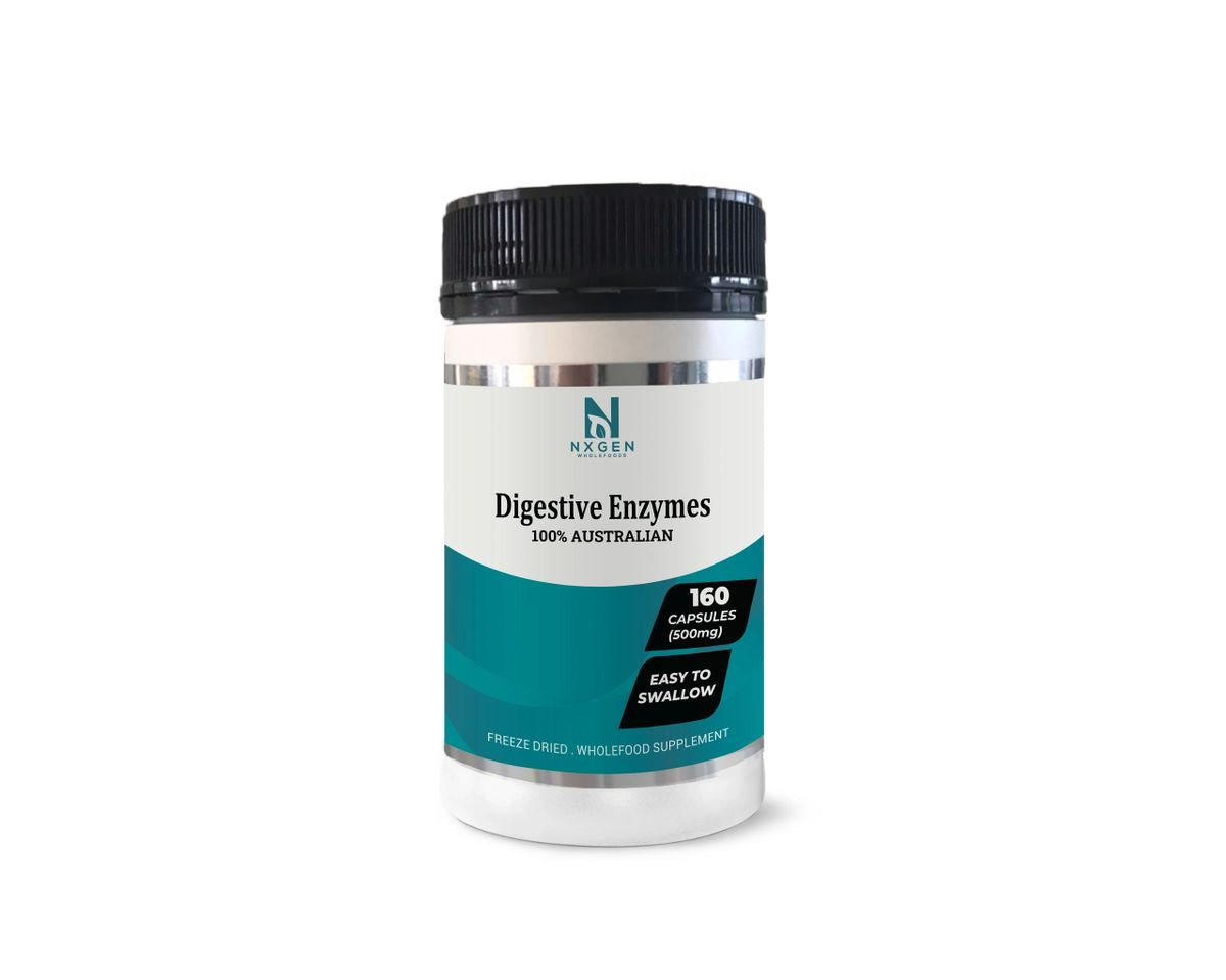 Bottle of Digestive Enzymes - 160 Capsules by NXGEN Wholefoods with easy-to-swallow capsules, supporting low carb and keto diets.