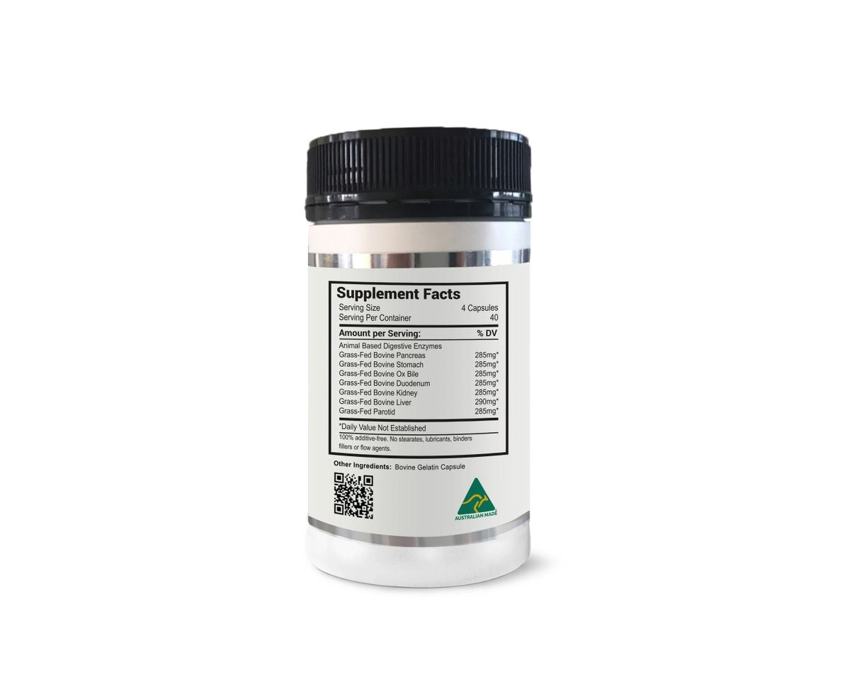 Bottle of Digestive Enzymes - 160 Capsules by NXGEN Wholefoods showing supplement facts and Australian made logo on a white background.