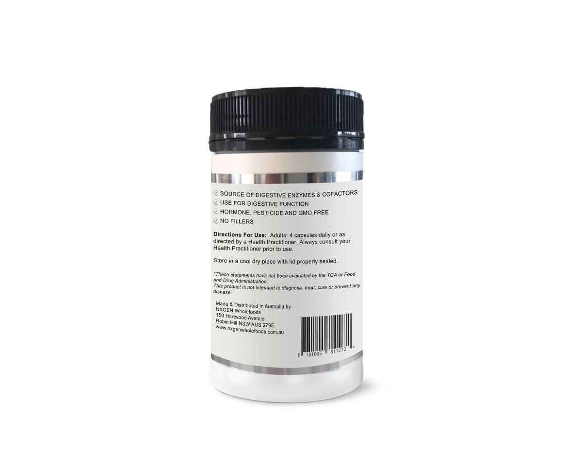Back view of NXGEN Wholefoods Digestive Enzymes - 160 Capsules bottle showing usage directions and product information for digestive support.