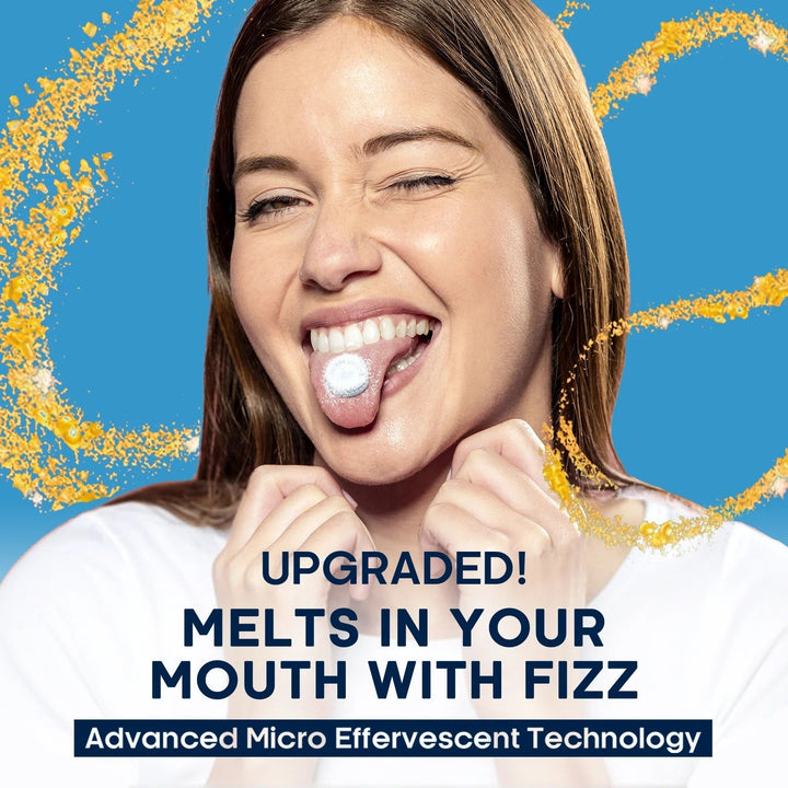 Woman smiling with Salt Tablets - Strawberry - 40 Serves on tongue, promoting Venture Pal electrolytes for hydration.