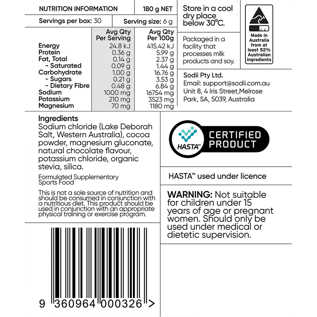 Nutrition facts, ingredients, and safety warning for Sodii Salty Chocolate - 30 Sachets, a keto-friendly, low carb electrolyte supplement made in Australia.