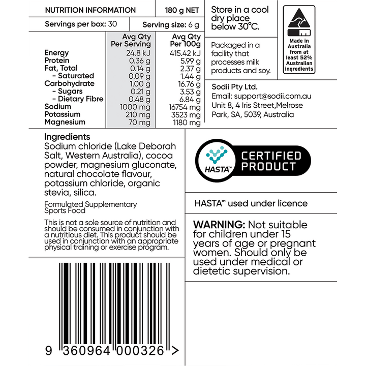 Nutrition facts, ingredients, and safety warning for Sodii Salty Chocolate - 30 Sachets, a keto-friendly, low carb electrolyte supplement made in Australia.