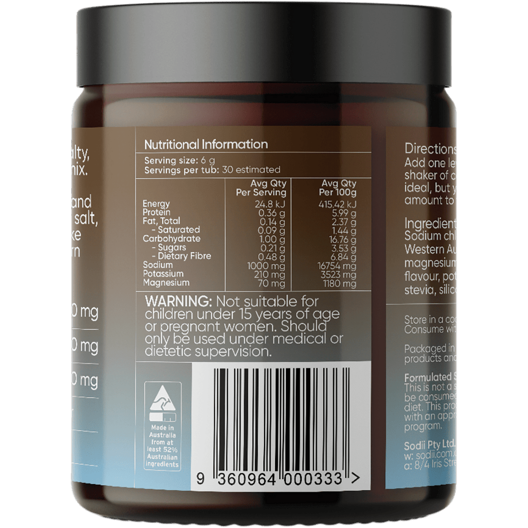 Sodii Salty Chocolate - 30 Serve Tub nutrition facts label showing keto-friendly low carb electrolyte mix with potassium and magnesium content.