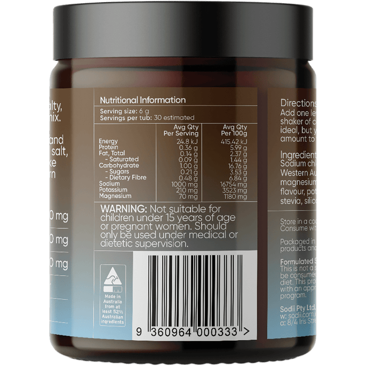 Sodii Salty Chocolate - 30 Serve Tub nutrition facts label showing keto-friendly low carb electrolyte mix with potassium and magnesium content.