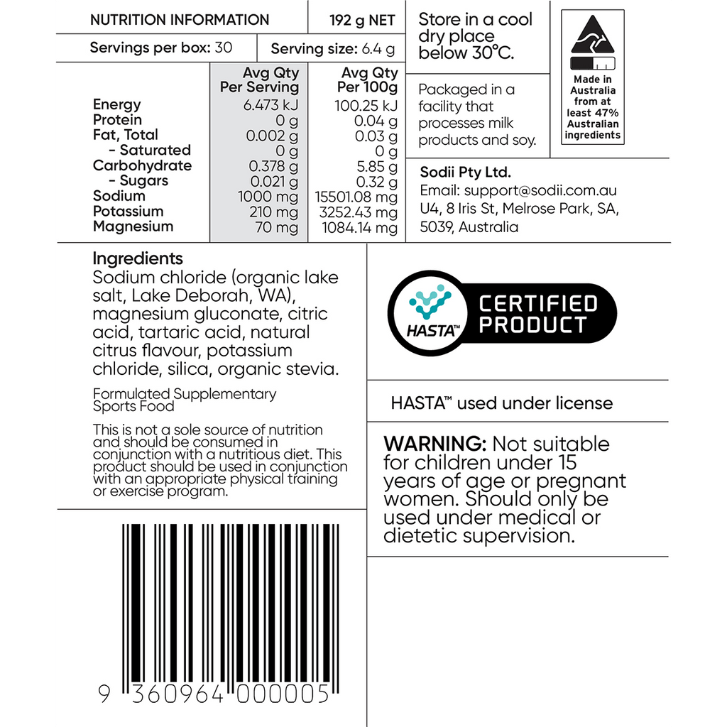 Salty Citrus - 30 Sachets nutrition facts, ingredients, and certification details from Sodii with usage and warning information.
